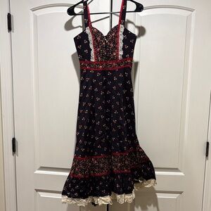 Gunne Sax Navy Floral Midi Dress with Red Accents size 7